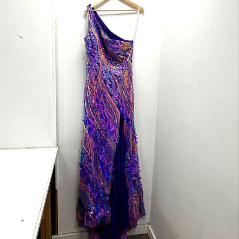 Amarra Women's Purple Iridescent Sequin One Shoulder Lace Up Back Gown Sz 14
