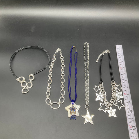 Modern Costume Jewelry Lot of 5 Silver Tone Star Motif Necklaces Beaded Cord