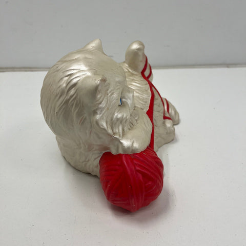 Vintage Ceramic Persian Cat Figurine Playing w/ Red Yarn Pearlescent Finish