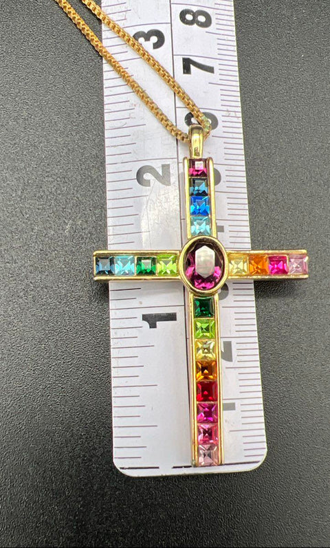 Vintage PSCO 1998 Gold Tone Rainbow Rhinestone Cross Pendant Necklace Signed