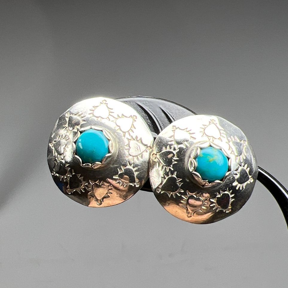 Sterling Silver Engraved Round Turquoise Earrings