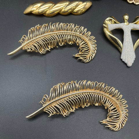 Vintage Costume Jewelry Lot 7 Pcs Gold Silver Tone Enamel Leaf Shell Feather