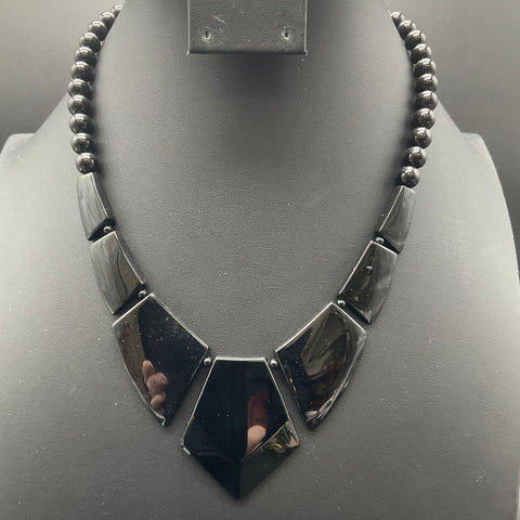 Vintage Black Glass Beaded Necklace Geometric Art Deco Style 18 Inch