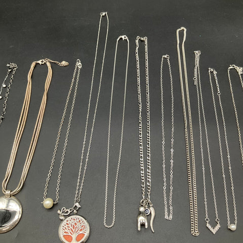Silver Tone Fashion Jewelry Lot of 14 Necklaces Pendants Rhinestone Faux Pearl
