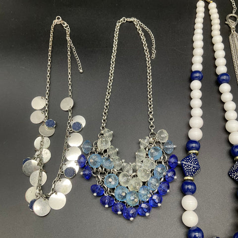Blue and White Costume Jewelry Necklace Lot of 7 Beaded Silver Tone Boho Bib