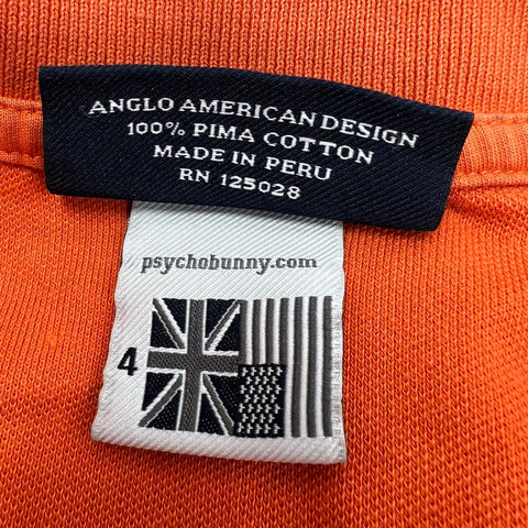 Psycho Bunny Classic Pima Cotton Polo Shirt Orange Logo Made in Peru Sz 4