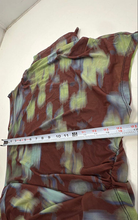 Anthropologie Women's Brown Green Abstract Mesh Ruched Mock Neck Dress Sz LP