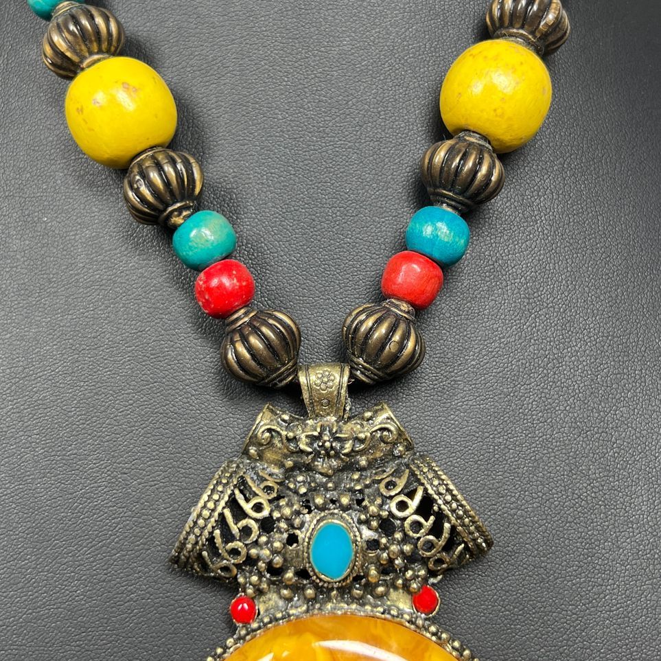 Ornate Yellow Pendant Beaded Boho Necklace