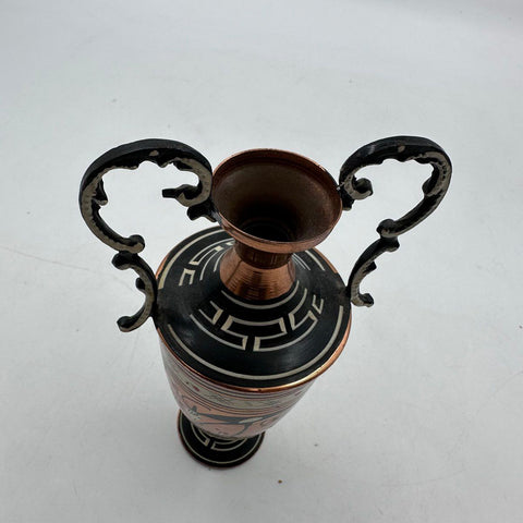 Vintage Greek Copper Vase Handmade Hand Painted Goat Motif Ornate Handles Greece