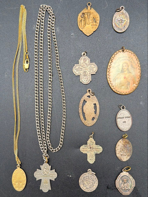 Vintage Antique Catholic Religious Medals Jewelry Lot 12pc Crosses Necklaces