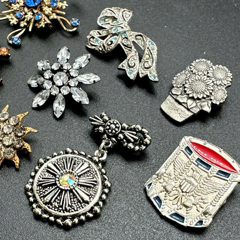 Vintage and Modern Rhinestone Floral Starburst Brooches Jewelry Lot of 8