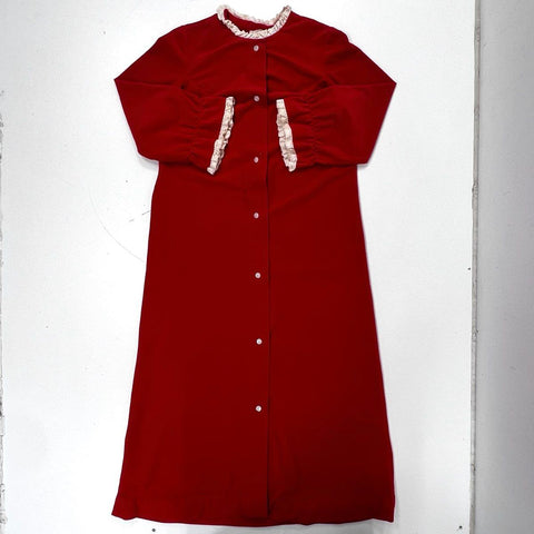 Vintage 70s Raymodes Red Velour Lace Trim Button Front Nightgown Robe Sz NS