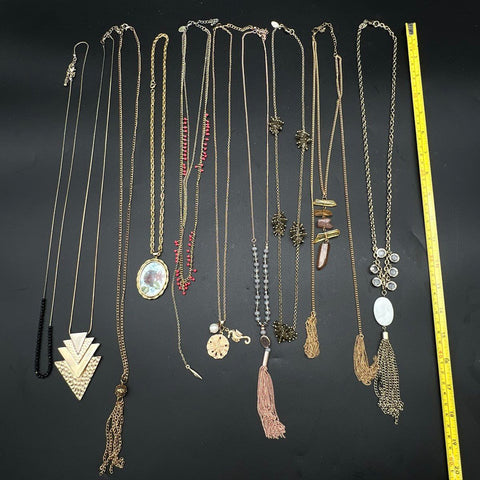 Mixed Costume Jewelry Lot 10 Necklaces Gold Tone Pendants Tassels Charms