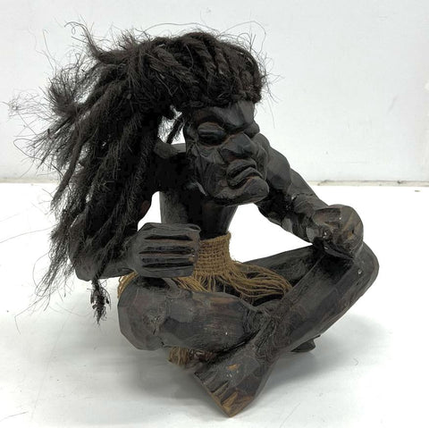 Vintage Barefoot Hand Carved Wood Tribal Figure Sculpture Seated 12" Folk Art