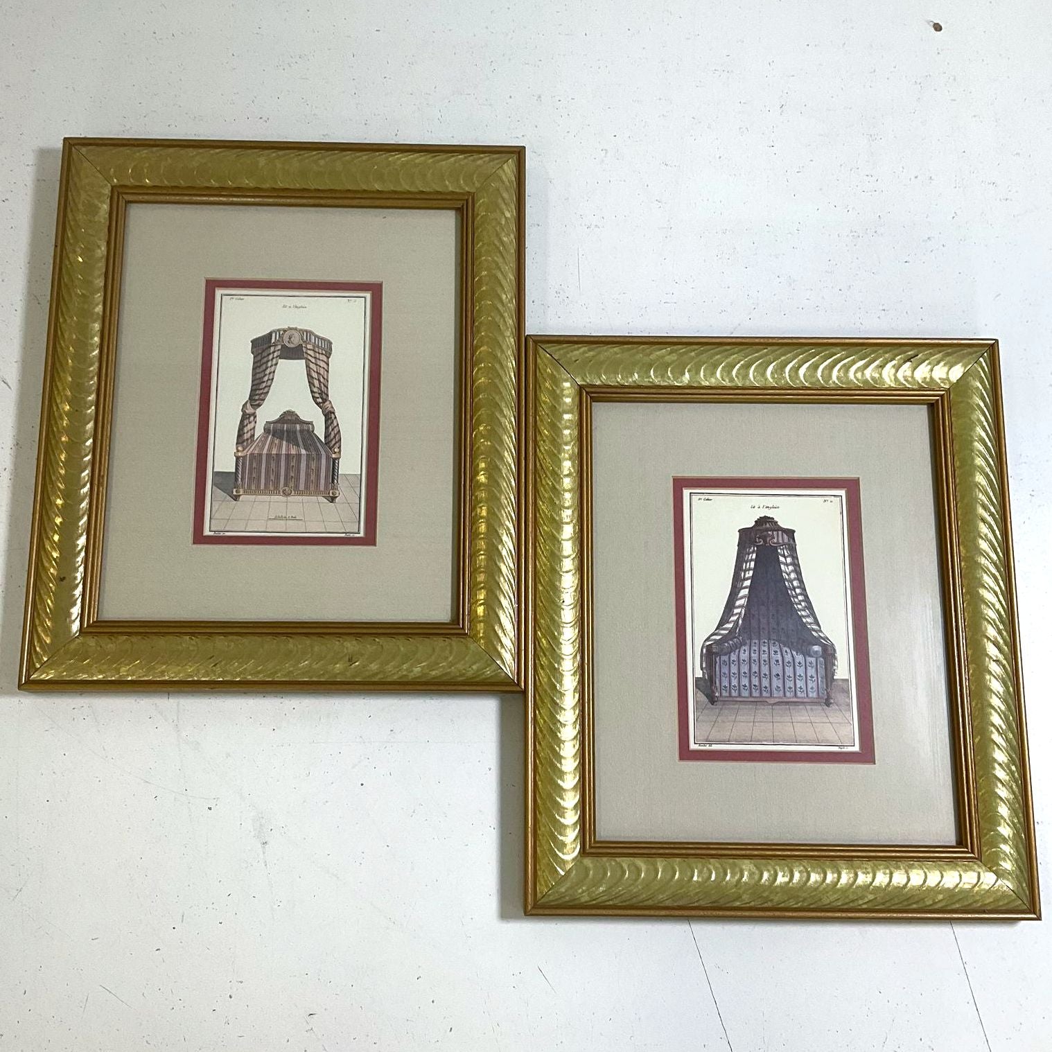 Pair French Neoclassical Prints After Boucher Canopy Beds Framed 11x13 Decor