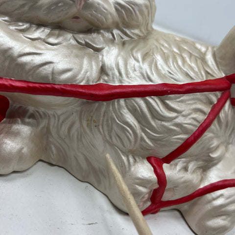 Vintage Ceramic Persian Cat Figurine Playing w/ Red Yarn Pearlescent Finish