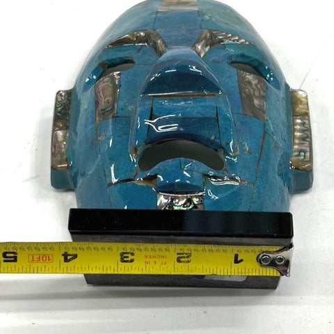 Vintage Aztec Mayan Style Mosaic Mask Blue Stone & Abalone Sculpture 8.5" Folk