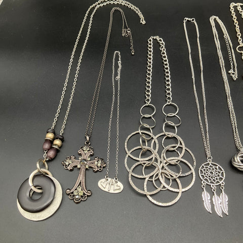 Silver Tone Fashion Jewelry Lot 13 Necklaces Heart Cross Dreamcatcher Tassel
