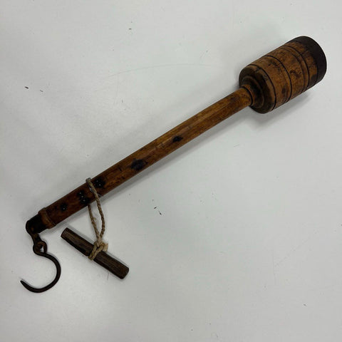 Antique Primitive Wood & Iron Mallet Hammer w/ Hook Bung Starter Farm Tool 17"