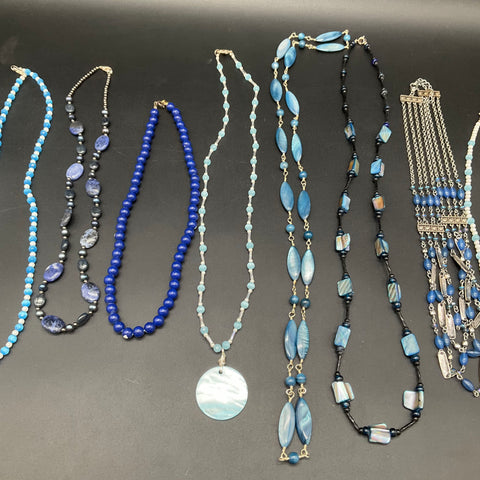 Mixed Blue Tone Costume Necklace Jewelry Lot 0.6 Lbs Vintage to Modern 11pc