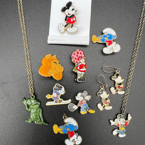 Vintage 80s Enamel Jewelry Lot 10pc Mickey Smurfs ET Strawberry Shortcake Alf