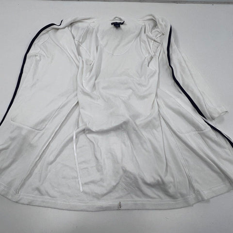 Ralph Lauren Women's White Hooded Cotton Blend Belted Robe Navy Trim Sz XS/S
