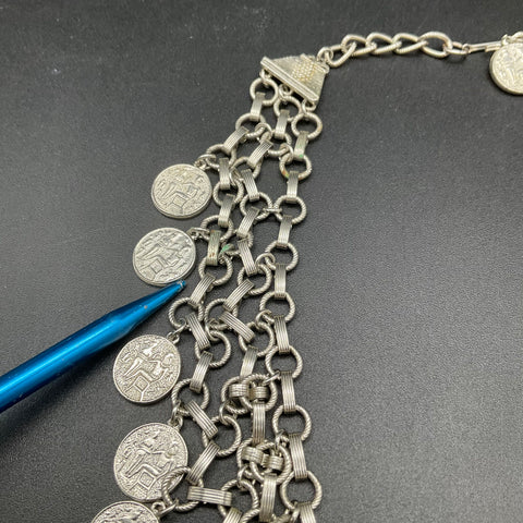 Vintage Egyptian Revival Silver Tone Multi Strand Coin Bib Necklace