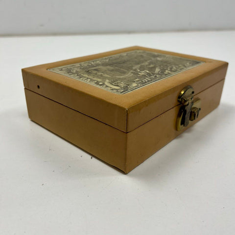 Vintage Mid-Century Medieval Scene Jewelry Box Two Tier with Key Faux Leather