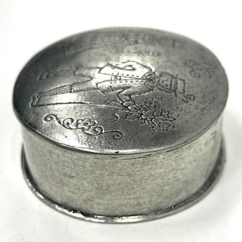 Rein Zinn Pewter Trinket Box German Folk Art Boy Girl Etched Scene Vintage