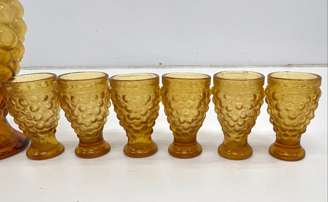 Pressed Glass Grape Harvest 7 Piece Decanter Set Amber 6 Footed Glasses Vintage