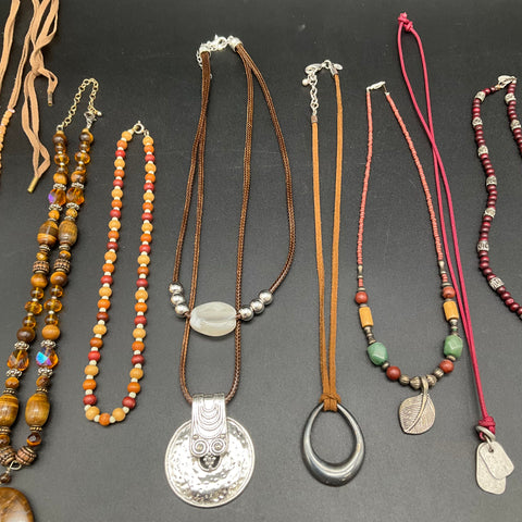 Mixed Costume Jewelry Necklace Lot 10 Pc Boho Beaded Earthy Silver Gold Tone
