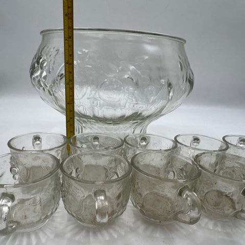 Vintage Pressed Glass Grape Pattern 13 Piece Punch Bowl Set Clear