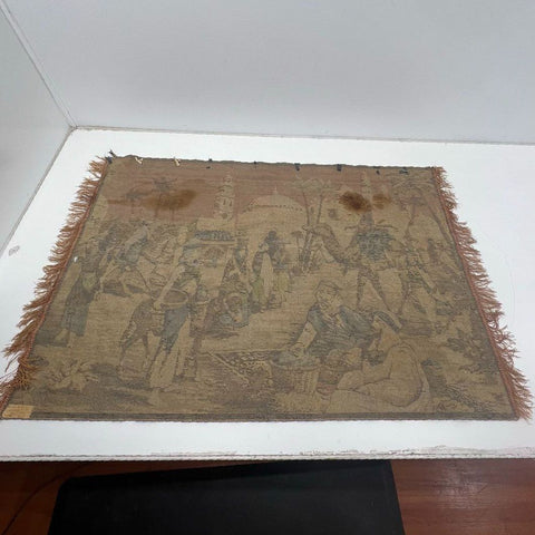 Vintage Orientalist Market Scene Woven Tapestry Wall Hanging Fringed Decor