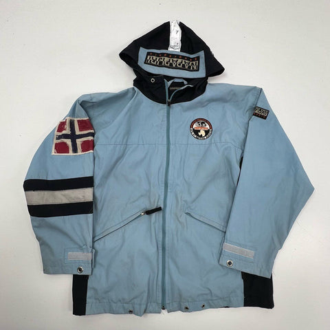 Vintage Y2K Napapijri Men's Hooded Jacket Blue Black Colorblock Flag Sz L