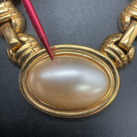 Vintage Napier Gold Tone Faux Pearl Beaded Necklace Oval Cabochon 16"