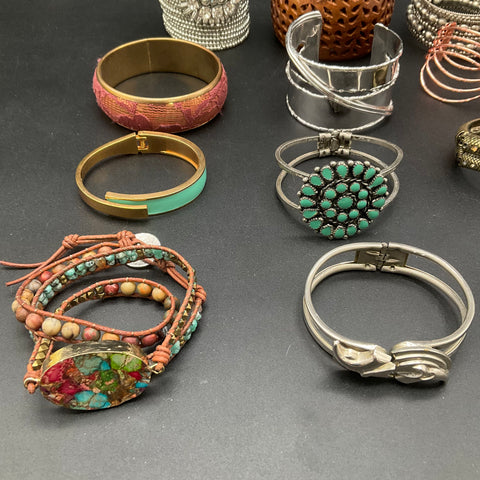 Boho Western Costume Jewelry Lot 14 Bracelets Cuff Bangle Snake Turquoise Style