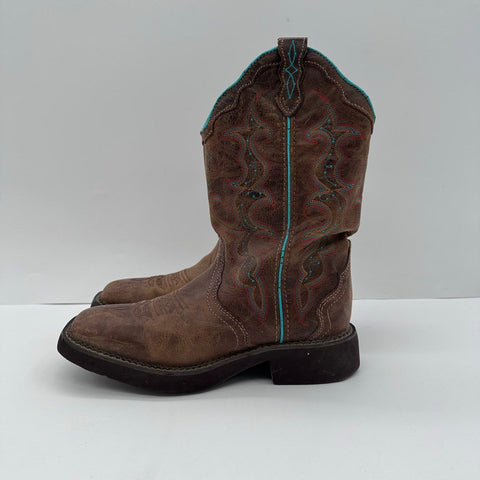 Justin Brown Leather Teal Stitching Square Toe Western Boots Size 8.5