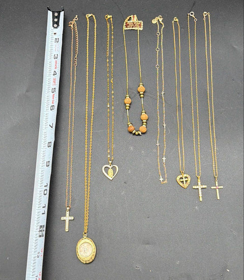 Religious Costume Jewelry Lot 15pc Gold Tone Crosses Mustard Seed Locket