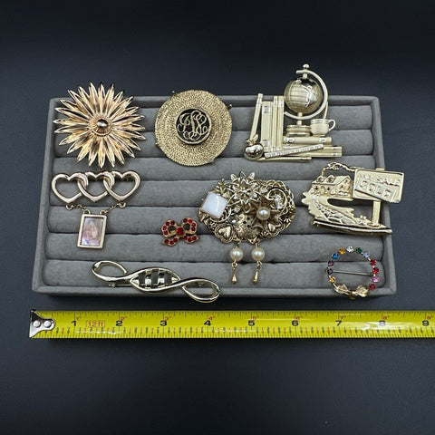 Vintage Costume Jewelry Brooch Lot of 9 Gold Tone Figural Rhinestone Floral