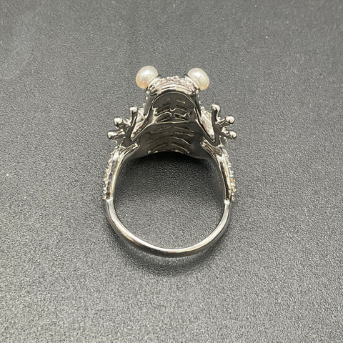Vintage Silver Tone Crystal Pearl Eye Frog Statement Ring Size 8