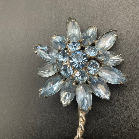 Vintage Mid-Century Silver Tone Light Blue Rhinestone Flower Spray Brooch 4.25"