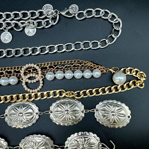 Vintage Style Fashion Chain Belts Lot 6pc Gold Silver Tone Concho Pearl Coin