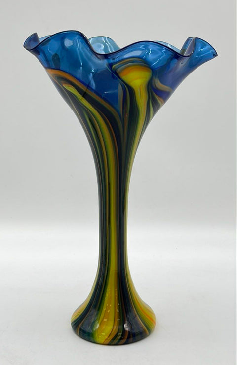 Art Glass Vase Blue Yellow Swirl Pulled Feather Signed Ruffled Rim 14 Inch