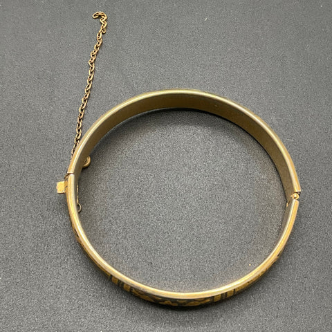 Vintage Damascene Hinged Bangle Bracelet Birds Flowers Gold Tone 7"
