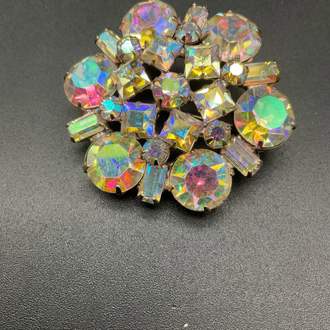 Vintage Weiss Aurora Borealis Rhinestone Brooch Silver Tone Signed Pin 2"