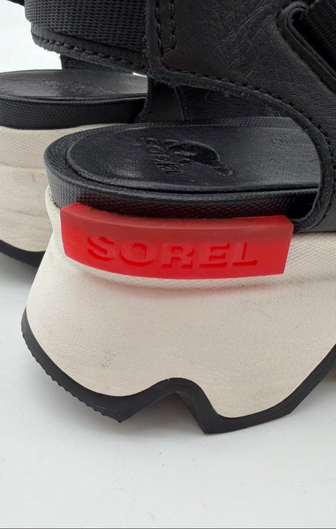 Sorel Kinetic Sandal Black White Platform Wedge Slingback Women's Size 10