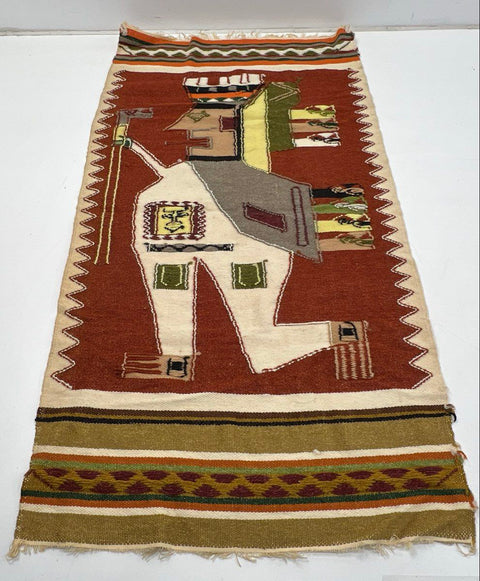Vintage Andean Peruvian Woven Tapestry Rug Incan Warrior Motif Flatweave 47x23