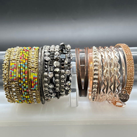 Fashion Costume Jewelry Lot 18 Bangles Cuffs Rhinestone Beaded Boho Mixed Tone
