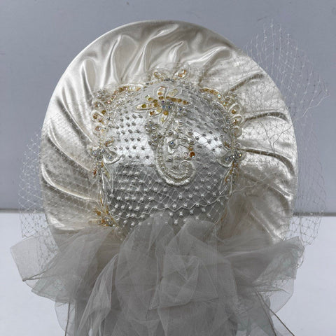 Vintage 90s Beaded Sequin Bridal Wedding Hat with Long Veil Sz One Size
