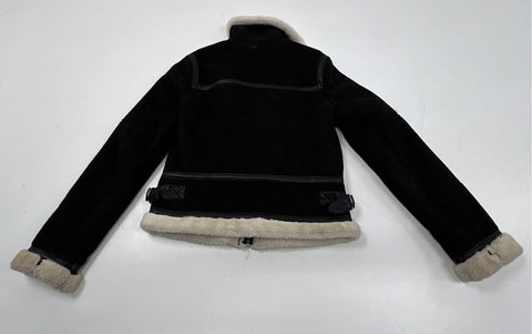 JouJou Women's Black Suede Faux Fur Trim Aviator Biker Zip Jacket Sz S